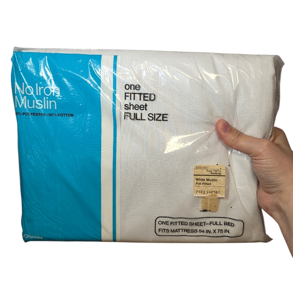 VTG 80's JCPenney Full Sized White No Iron Muslin Fitted Sheet New In Package
